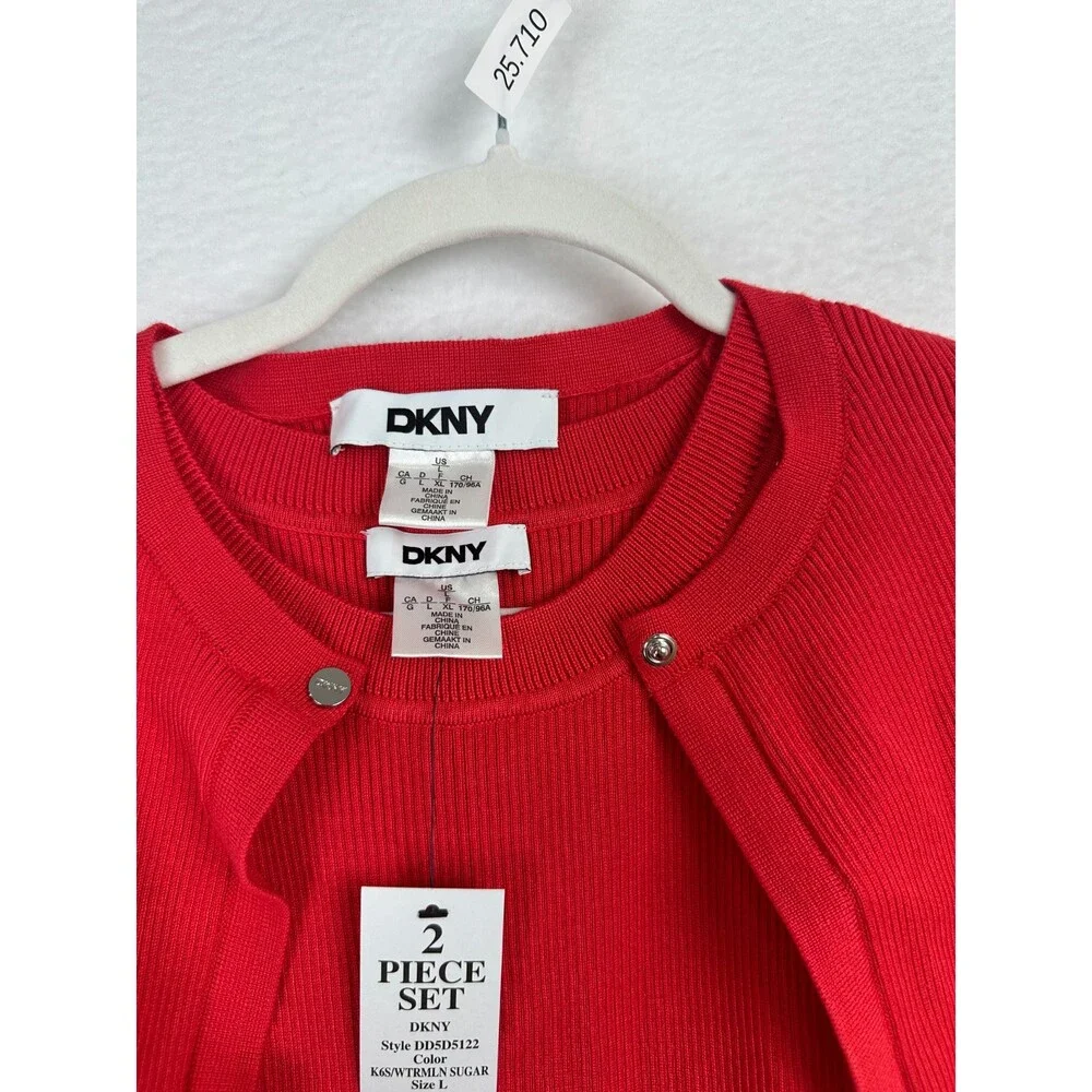DKNY Cardigan Dress Large 2-Piece Set Sheath Sleeveless Watermelon Pink NWT $169